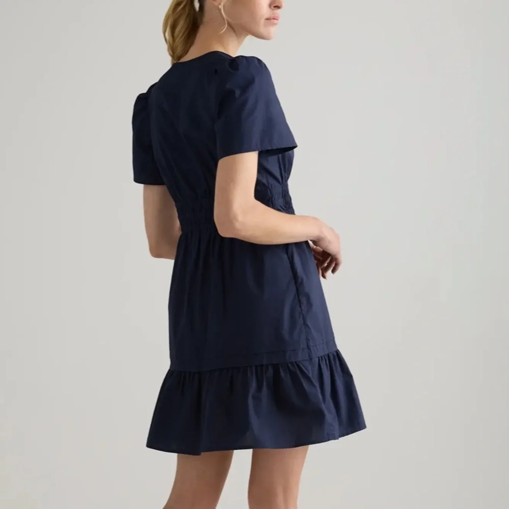 Quince Navy Short-Sleeve Smocked Waist Dress - Picture 2 of 3